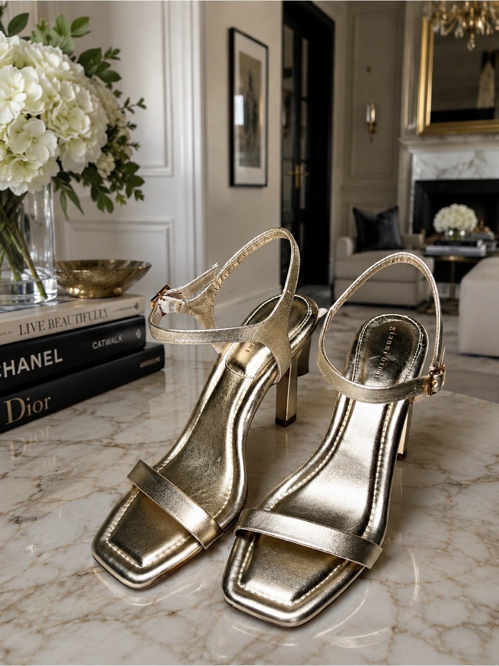 Gianni Bini Metallic Gold Strappy Heels Champagne Block Heel Sandals Wedding
